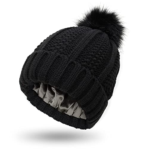 Muryobao Womens Satin Lined Beanie Hat with Faux Fur Pom Cuffed Winter Warm Knit Skull Cap - color: Black