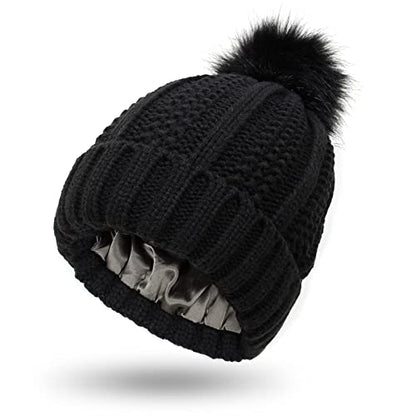 Muryobao Womens Satin Lined Beanie Hat with Faux Fur Pom Cuffed Winter Warm Knit Skull Cap - color: Black