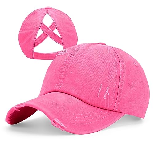 Criss Cross Ponytail Hat Women Washed Distressed Baseball Caps Adjustable High Messy Bun Ponycap - color: B - Denim Rose Red