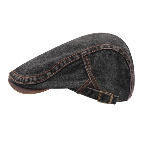 ZLYC Men Cotton Flat Cap Summer Scally Newsboy Beret Driver Hat - color: Denim Black