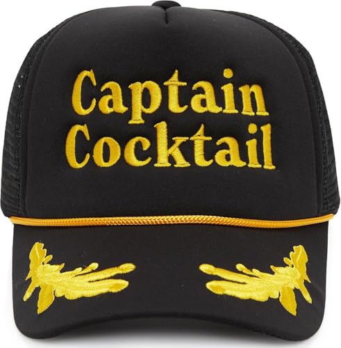 Funky Junque Premium Mesh Snapback Trucker Hat - Stylish Comfort for All - Patriotic, Humor & More - color: Cocktail Captain - Black/Nautical