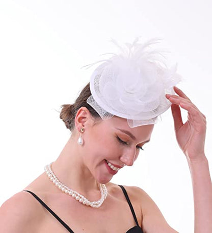 Fascinator Hat with Feather and Mesh – Floral Headpiece for Tea Party, Wedding, Cocktail Event - color: White