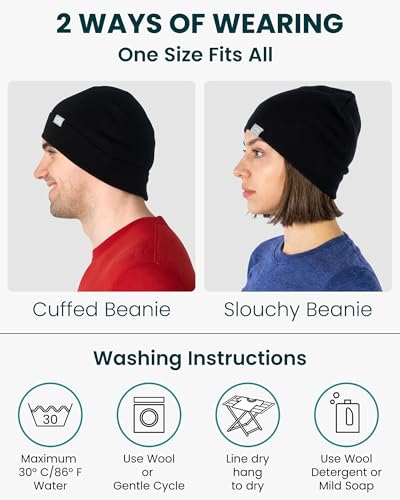 100% Merino Wool Beanie for Women, Men - Skull Cap 17.5um, Adult Hat Unisex - color: Black
