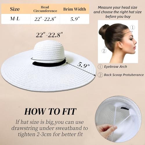 Oversized Beach Straw Hats for Women Floppy, Extra Large Sun Visor Hat Wide Brim Summer Roll Up Big Beach Hat Women Foldable - color: Diameter 50cm White-2
