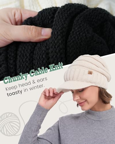 Women Men Winter Beanie Hat with Visor, Warm Fleece Lined Beanie Cap, Thick Knit Cap Slouchy Hat with Brim - color: Black