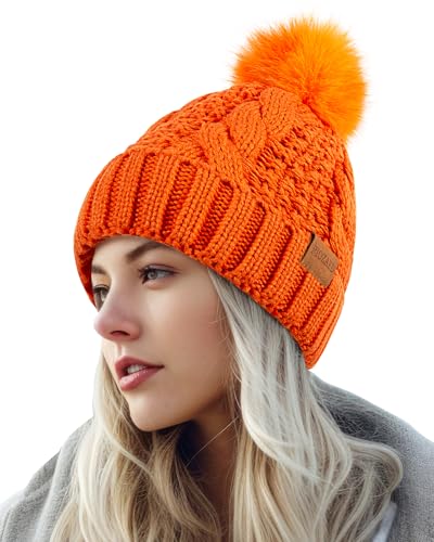 Women's Winter Pompom Beanie Warm and Cozy Knit Hat Fleece Lining Skull Cap for Women - color: Orange