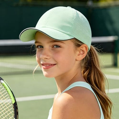 Girls Criss Cross Ponytail Hat Mesh Baseball Cap Kids Quick Dry Ponycap Hats Outdoor Summer Sports Hat Age 7-12 - color: Mint Green
