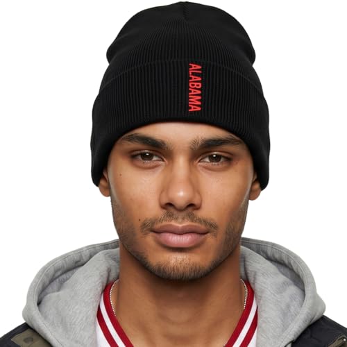 Daxton Vertical USA Cities Cuffed Beanie, Winter Knit Hat Skully Cap for Men Women, City Pride Daily Headwear - color: Alabama Black Red