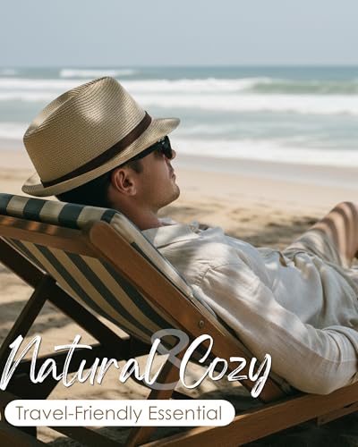 Straw Sun Hat for Men Women Short Brim Beach Trilby Hat UPF 50+ - color: Brown Belt Beige