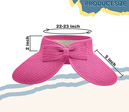 Straw Sun Visor for Women, Wide Brim UPF 50+ Protection Beach Hat, Adjustable, Roll Up Foldable Ponytail Cap with Chin Strap - color: Hot Pink