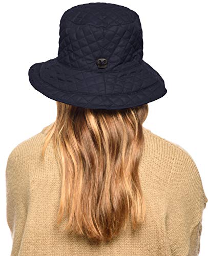 Foldable Water Repellent Quilted Rain Hat w/Adjustable Drawstring, Bucket Cap - color: Navy