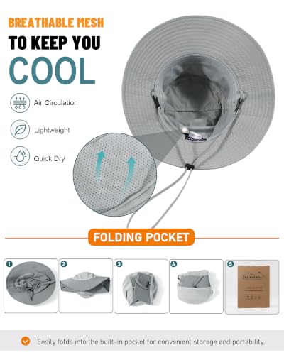 Womens Ponytail Sun Hat UPF50+ Waterproof Bucket Hat Packable Beach Hat - color: Light Grey