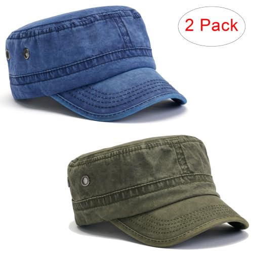 2 Pack Military Caps for Men Women, Washed Cotton Cadet Army Hats - color: Army Green+navy
