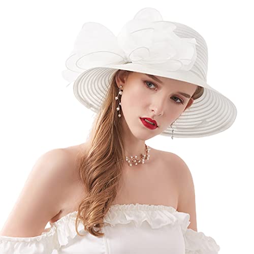 Haoohu Women's Church Derby Hat Wide Brim Bow Bucket Hat Wedding Dress Hat Fascinator Bridal Tea Party Hat - color: White