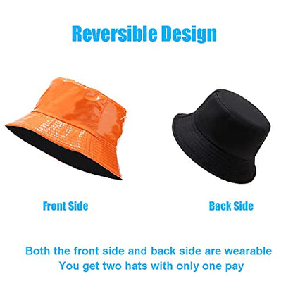 Reversible PU Leather Bucket Hats for Women Solid Color Double Wear Summer Hat Unisex - color: Orange