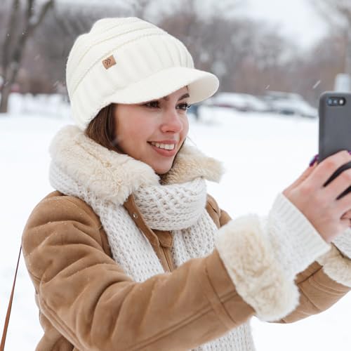 Women Men Winter Beanie Hat with Visor, Warm Fleece Lined Beanie Cap, Thick Knit Cap Slouchy Hat with Brim - color: Oatmeal