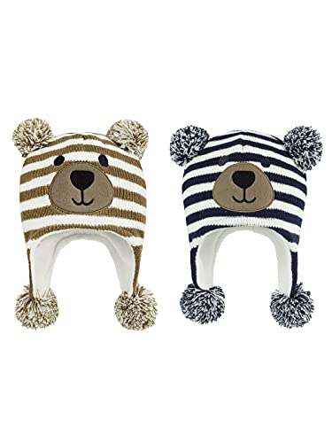 Baby Winter Hat Toddler Beanie Warm Fleece Lined Earflap Cap with Pom Pom - color: O2pcs Bear Coffee & Bear Navy, size: 1-2T