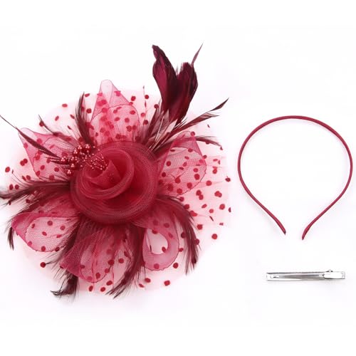 WLBON Fascinators Hat 20s 50s Headband Hair Clips Flower Mesh Veil Feather Headpiece Headwear Women Halloween Carnival Cocktail Wedding Church Cosplay Dress Up Birthday Tea Party Accessories Burgundy - color: Burgundy Tone
