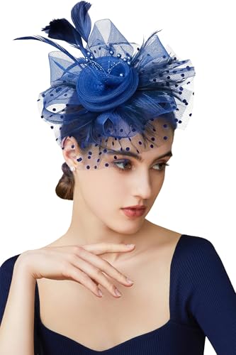 BABEYOND Fascinators Hats for Women Tea Party Flower Tulle Bead Derby Hat - color: Dark Blue