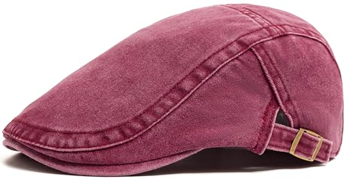 Denim Newsboy Cap for Unisex Adjustable Cotton - color: Wine Red