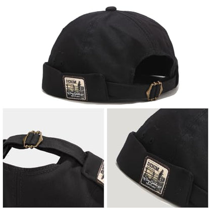 Mens Docker Cap Brimless Skullcap Sailor Cap Rolled Cuff Retro Beanie Hat - color: Retro Black