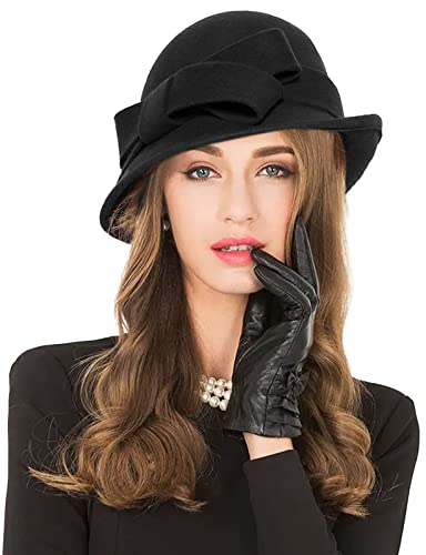 Z&X Women Winter Wool Felt Cloche Bucket Hat 1920s Vintage Gatsby Hat Elegant Bow Church Wedding Hat - color: 026 Black