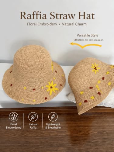 Natural Raffia Straw Bucket Hat for Women Sun Beach Handmade Raffia Woven Bucket Hat Foldable Summer Cap - color: Natural （sunflower）