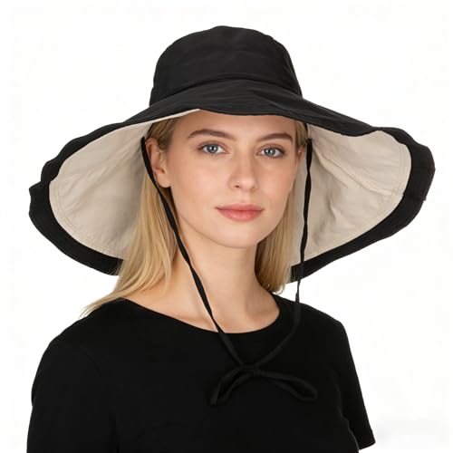 Women's Large Brim Reversible Sun Hats Packable Foldable UV Protection Bucket Hat Metal Wired Edge