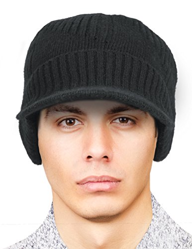 Dahlia Men's Beanie with Visor - Wool, Winter Hat w/Brim, Fleece Lined - color: Ribbed: Black