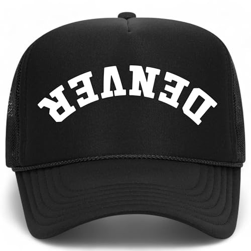 Denver Upside Down Reversed Vintage Trucker Hat | Premium Adjustable Snapback Baseball Hat for Men & Women - color: Black Foam Mesh Back