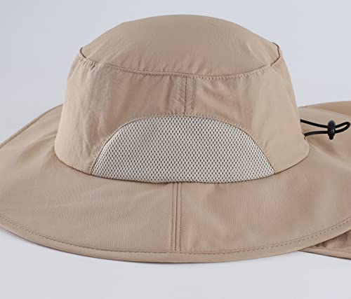 Home Prefer Outdoor UPF50+ Mens Sun Hat with Neck Flap Womens UV Protection Hat Wide Brim Safari Fishing Hiking Gardening Hat - color: Milky Khaki