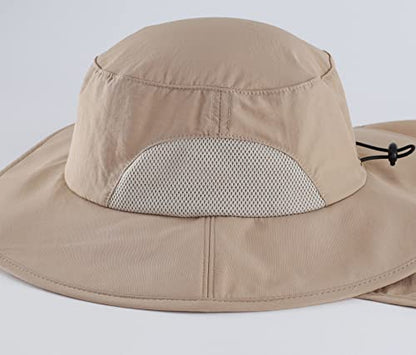 Home Prefer Outdoor UPF50+ Mens Sun Hat with Neck Flap Womens UV Protection Hat Wide Brim Safari Fishing Hiking Gardening Hat - color: Milky Khaki