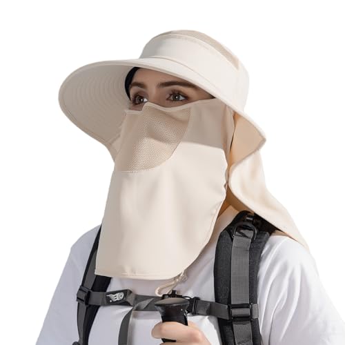 HUAMULAN Women Wide Brim Sun Hat Ponytail UV Protection Visor Fishing Cap - color: Beige