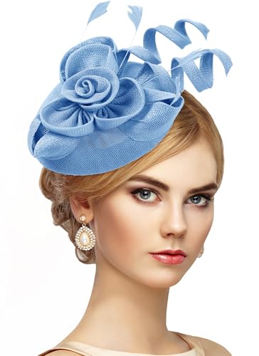 Zinniday 2026 Victoria Derby Fascinator - Kentucky Church Hats 1920s 50s Vintage Tea Party Hat with Hair Clip for Women - color: Light Blue
