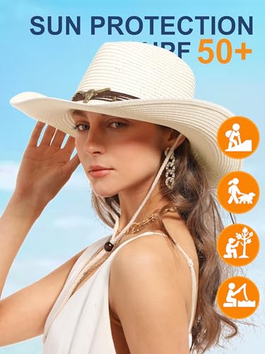 Straw Cowboy Sun Hat Western Cowgirl Women Men with Windproof Chin Strap - color: 크리미 화이트.