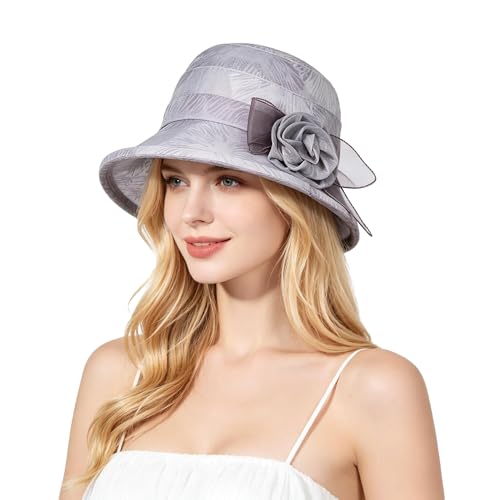 Women Flower Bowler Sun Hat Wide Brim Cloche Bucket Hat Foldable Breathable Wedding Church Tea Party Fascinator - color: Purple