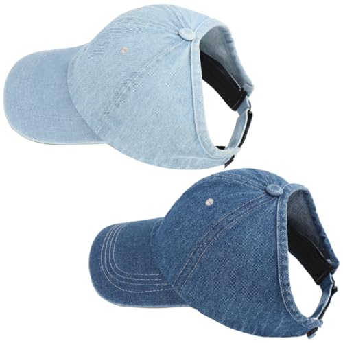 2 Pack Backless Cap for Women Natural Curly Hair Hat Baseball Cap Afro Puff Ponytail Hat - color: Light Blue+blue