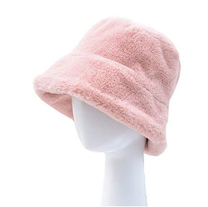 Women Winter Plush Bucket Hat Warm Solid Color Faux Fur Fisherman Cap - color: Pink