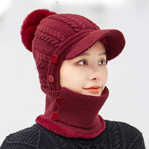 HUAMULAN Women Cable Knit Balaclavas Winter Fleece Lined Beanie Hat - color: Wine Red With Pompom