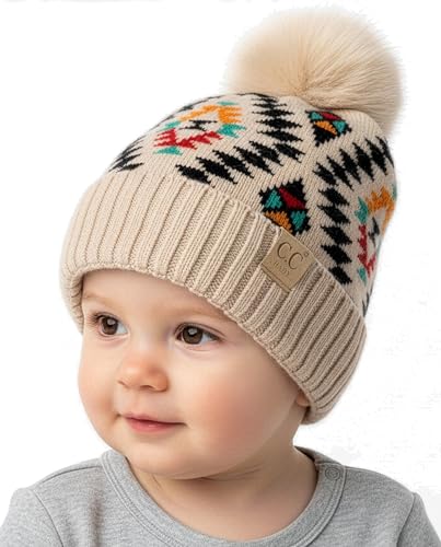 Funky Junque Baby Pom Pom Beanie – Soft Knit Infant Winter Hat for Baby Girls & Boys, Cozy Warm Newborn Beanie 0–12 Months - color: Aztec Pattern - Beige