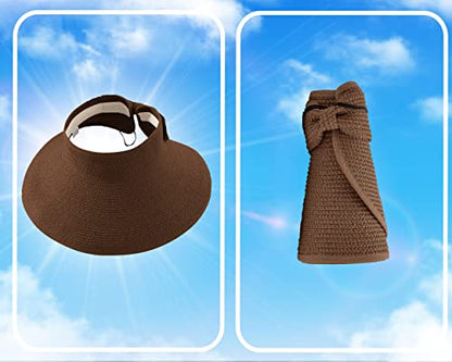 Straw Sun Visor for Women, Wide Brim UPF 50+ Protection Beach Hat, Adjustable, Roll Up Foldable Ponytail Cap with Chin Strap - color: Carmal