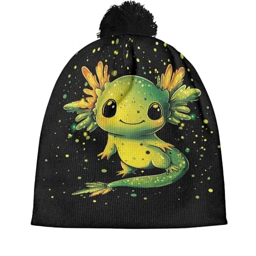 Girls Boys Winter Warm Knit Beanie Pompom Elasticity Slouchy Hat Skull Caps for Childrens - color: Black Black Axolotl
