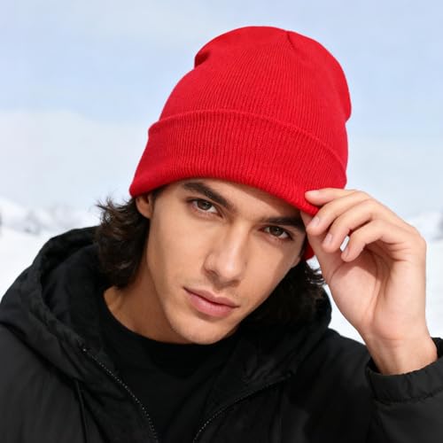 PFFY Beanie for Men Women Unisex Knit Cuffed Winter Beanies Hats Skull Cap - color: Red
