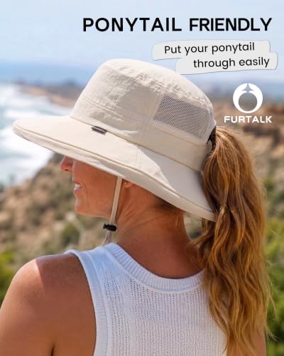 FURTALK Sun Hats for Women Wide Brim Ponytail UV Packable Hiking Travel - color: Beige