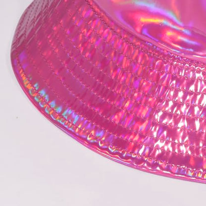 MILAKOO Rave Hologram Metallic Bucket Hat Reversible Cap Reflective Waterproof Rain Fisherman Hat - color: C: Rose Red