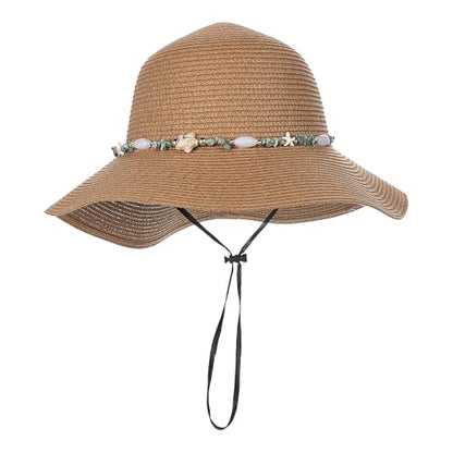 Womens Straw Sun Hat Wide Brim Summer Beach Hat with Beaded Trim Summer Foldable Floppy Hat for Travel Vacation UV Protection - color: Light Brown