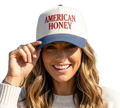 D&Y Retro 2-Tone Canvas Baseball Cap for Women - Funny Embroidered Distressed Snapback, Adjustable Cotton Dad Hat - color: American Honey-navy