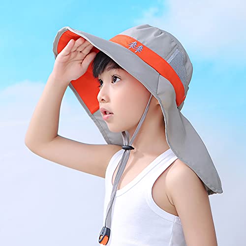 Kids Sun Hats UPF 50+ Sun Protection Hat for Kids with Neck Flap Adjustable Large Brim Beach Fishing Hat for Age 3-12 - color: Grey