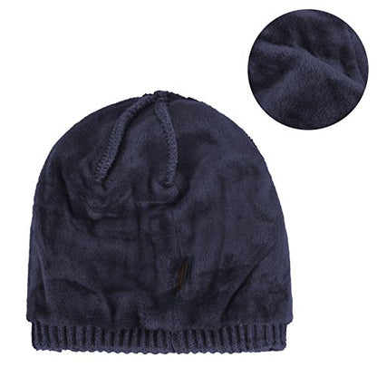Original One Winter Wool Knitted Chunky Visor Beanie Hat with Brim Fur Lined Peaked Ski Cap - color: Blue