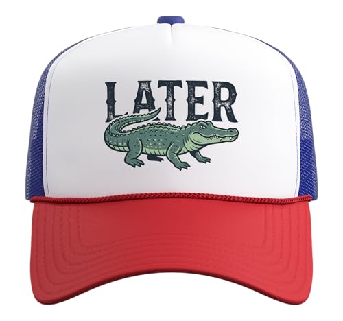 Later Alligator Trucker Hat with Adjustable Mesh Back - color: Red/White/Royal Blue